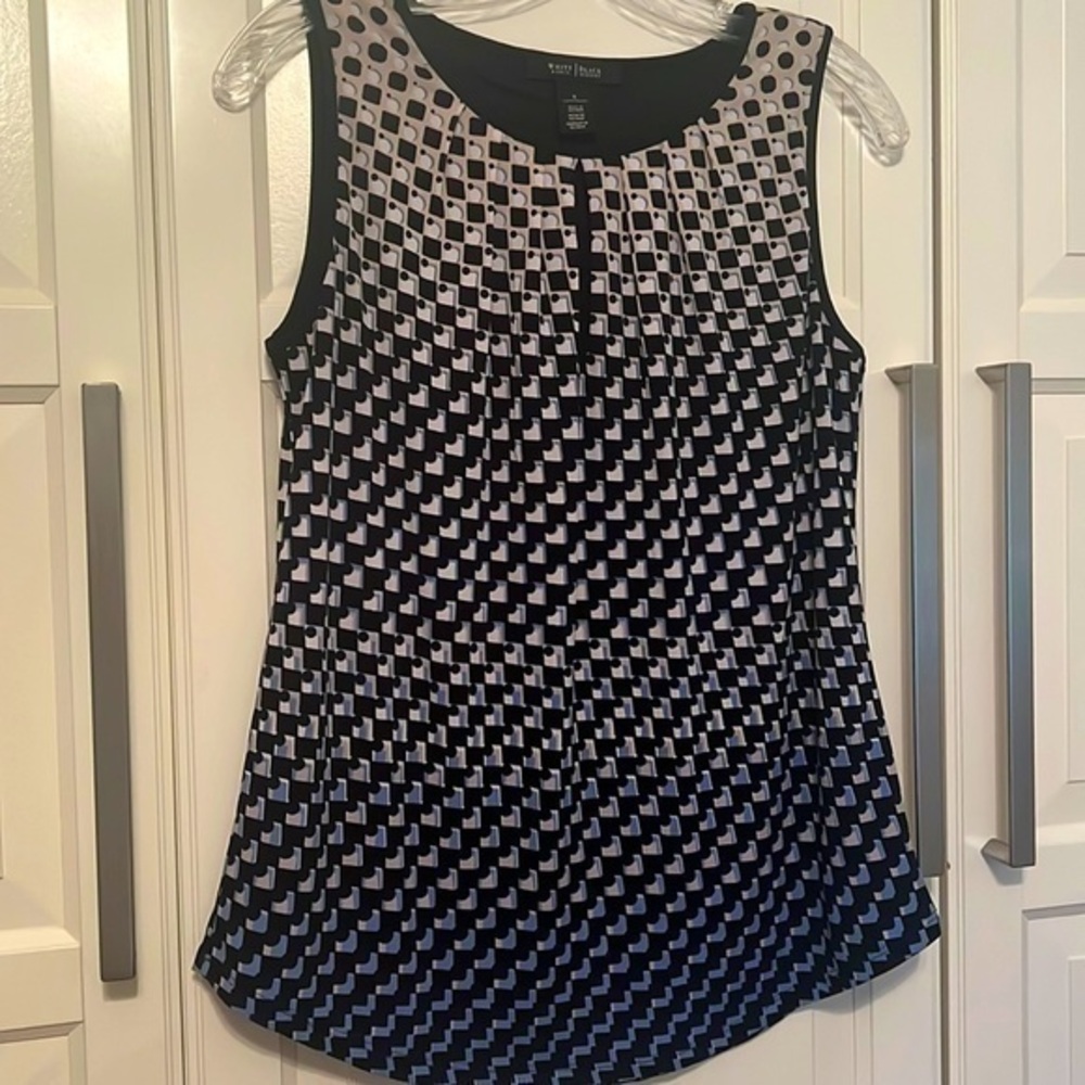 Donated—White House Black Market, sleeveless blouse, black geometric print
